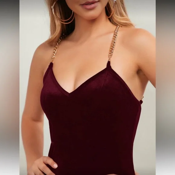 SHEIN Velvet Strappy Midi Dress in Deep Burgundy (NWT) - Picture 4 of 8